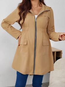 SHEIN Maternity Casual Solid Color Hooded Jacket, Spring/Autumn - Khaki - View 7
