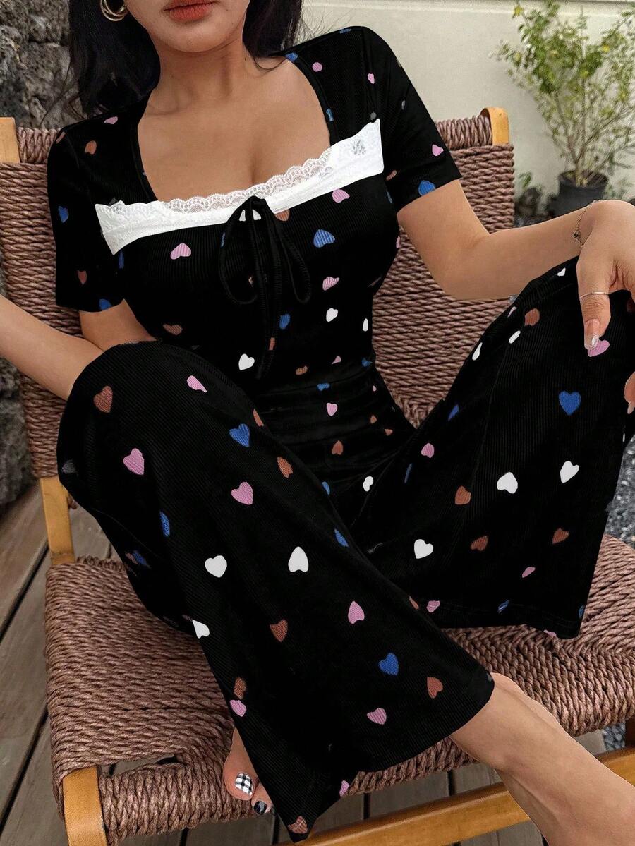 SHEIN Women's Casual Heart Print Square Neck Tight Top And Flared Pants Pajama Set Cute Lounge Set Heart Pajama Set Women Heart Pajama Set Two Pieces Pajama Set Women Lounge Set - Multicolor - View 1