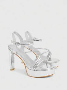 CUCCOO LuxiPop Round Toe Thick Heel Thin Strap Knotted Fashion Women's High Heel Sandals - Silver - View 2