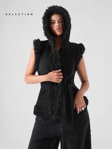 LYSMO SELECTION 2025 Nueva llegada Chaqueta de chaleco minimalista de moda para mujer de otoño/invierno con capa exterior y forro de piel sintética, diseño de cinturón en la cintura, capucha con capucha desmontable que se convierte en una solapa, diseño multifuncional, bolsillos grandes. Perfecto tanto para el transporte urbano como para atuendos casuales diarios, cálido y cómodo, que muestra un estilo premium, práctico para el uso diario.