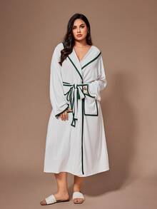 Lazeform Bata de mujer de talla grande, informal y de invierno, con mangas largas, ribete de contraste, bordado de letras y cinturón