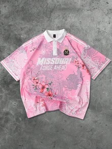 ROMWE MEN Prep Polo de hombre con estampado gráfico de calle, adecuado para uso diario, primavera/verano - Rosa - Ver 3