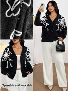 Firerie Plus Size Elegant Floral Decor Cardigan, Suitable For Commuting, Autumn/Winter - Black and White - View 1