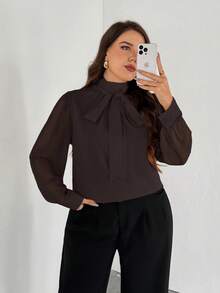 SHEIN Privé Plus Size Elegant Bow Tie Cuff Long Sleeve Brown Blouse, Basic Workwear Top, Suitable For Office Wear, Spring/Autumn Brown Blouse For Women