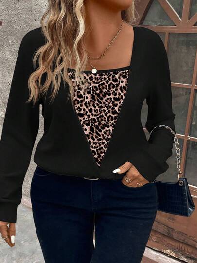 EMERY ROSE Women's Casual Leopard Print Long Sleeve Plus Size Sweatshirt, Popular For Autumn/Winter