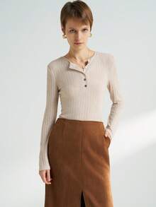 Airaco Women's Solid Color Button Half Placket Long Sleeve Ribbed Casual T-Shirt - Apricot - View 3