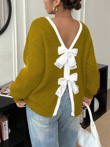 Elenzga Sweater Lengan Panjang Kerah Bulat Kasual Wanita Ukuran Besar dengan Pita, Musim Gugur/Musim Dingin - Mustard Yellow - View 1