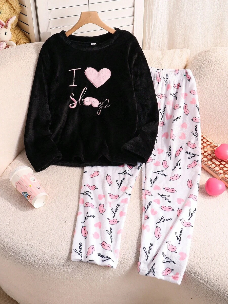 2pcs Girls Casual Comfortable Pajama Set With Pink Heart & Eyelash Print, Long Pants And Long Sleeve Kawaii Pajamas Fall Winter - Multicolor - View 1