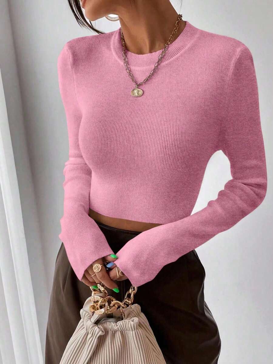 EMERY ROSE Women's Casual Chic Elegant Everyday Date Commute Minimalist Solid Color Fitted Cropped Pullover Sweater, Spring Pink - Pink - View 1
