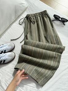 Comfortcana Cotton Linen Textured Striped Drawstring Waist Comfortable Casual Plus Size Pants - Green - View 7