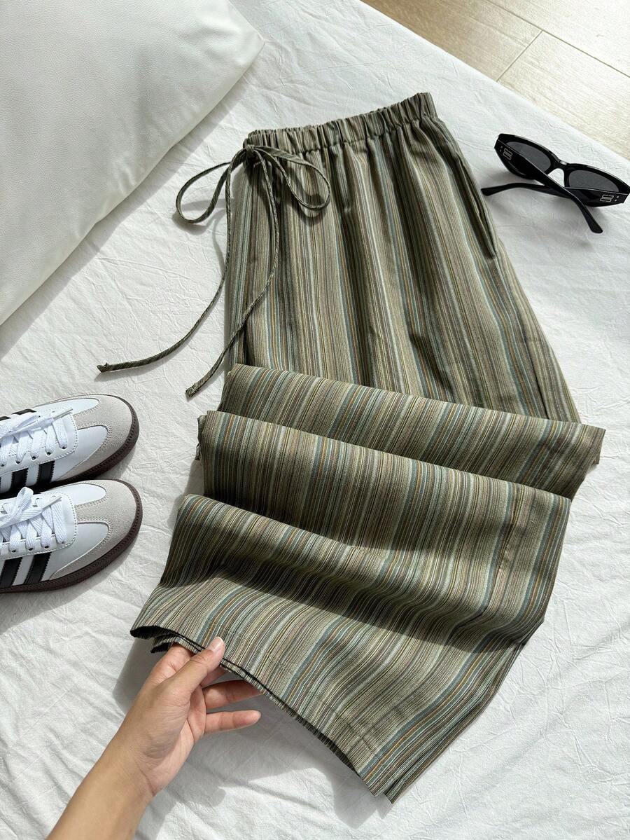 SHEIN EZwear Cotton Linen Textured Striped Drawstring Waist Comfortable Casual Plus Size Pants - Green - View 1