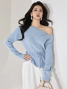 Modelyn 女士纯色系带休闲套头毛衣秋冬女装 - 藍色 - 查看 3