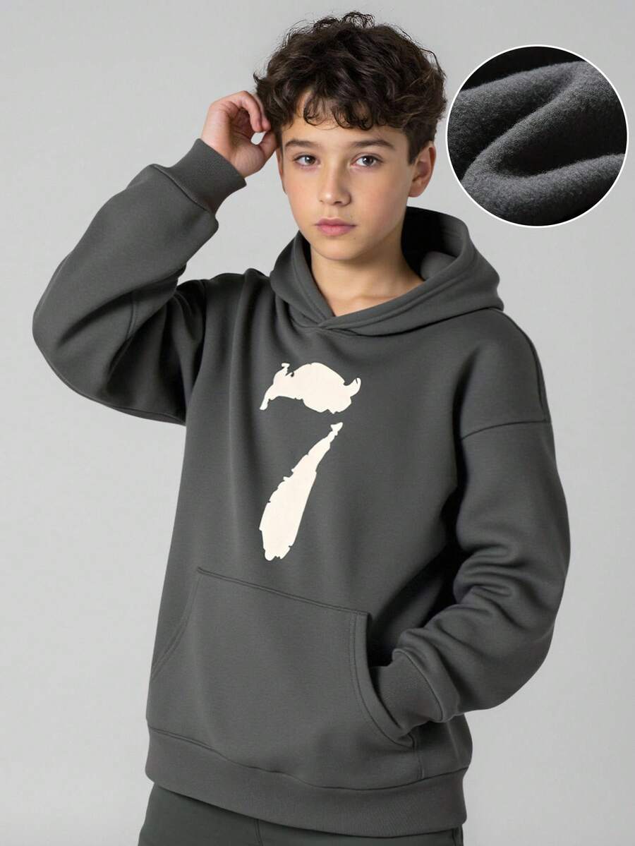 JNSQ Tween Boy Oversized Hoodie, Funny Number Print Long Sleeve Thick Fleece Sweatshirt, Suitable For Autumn, Winter Daily Wear, Outdoor Activities, Vacation, Streetwear, Party And Casual