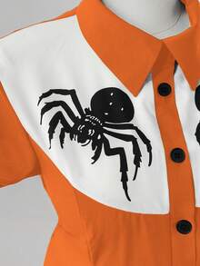 Sunspun Punk Chic Fashion Collared Casual Versatile Contrast Color Spider Print Waist Flare A-Line Dress - Orange - View 6