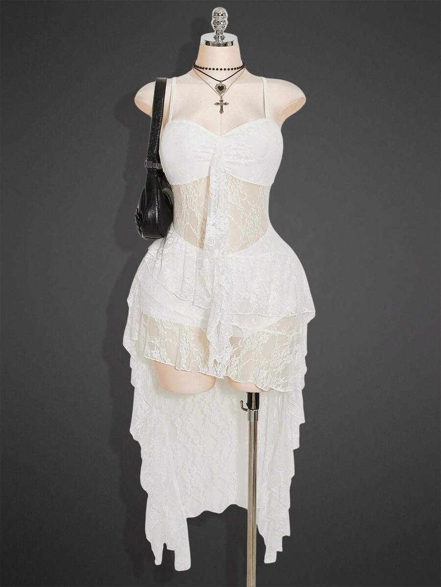 SHEIN ICON 加大码黑色 V 领荷叶边前短后长吊带背心连衣裙，Y2K 性感吊带荷叶边下摆连衣裙 - 白色 - 查看 1