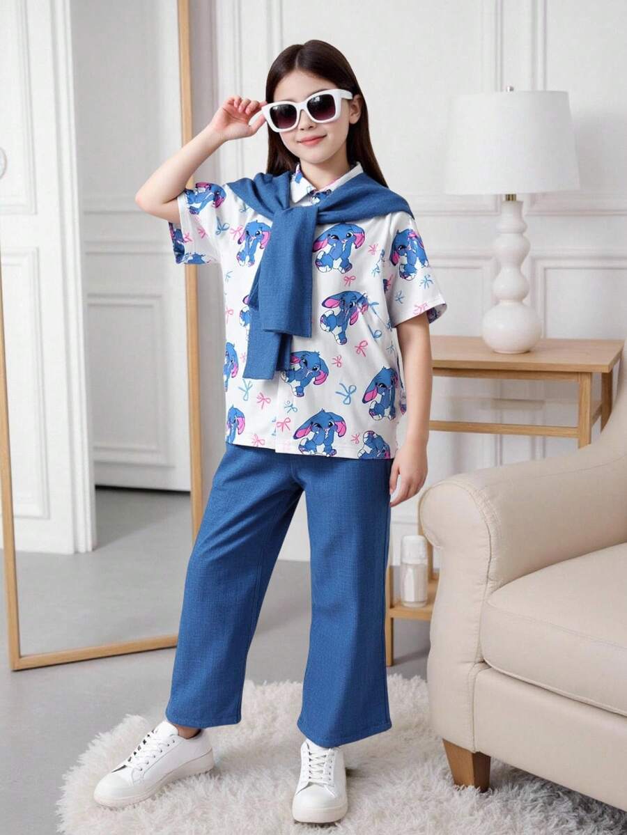 少女卡通印花短袖衬衫和阔腿裤休闲装 - 藍色 - 查看 1