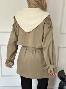 DAZY 女式撞色连帽都市休闲风衣夹克，宽松长袖外套 - 卡其色 - 查看 6