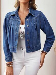 EMERY ROSE Women's Autumn Raglan Sleeve Single-Breasted Pleated Design Casual Denim Jacket Winter New Year - Blue - View 3