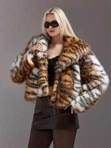 SHEIN ICON 女式虎纹仿毛领长袖夹克，秋冬 - 彩色 - 查看 7