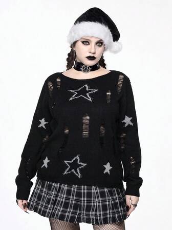 Goth Suéter de punto de manga larga con estampado de pentagrama desgastado de estilo gótico Y2K de talla grande, Cárdigan delgado de manga larga casual oscuro de talla grande para otoño/invierno, Suéter de punto negro de uso diario gótico de talla grande para otoño/invierno, Suéter de punto negro de talla grande, Suéter de punto casual de fiesta de Navidad para mujer de talla grande, Suéter de mujer de uso diario navideño de talla grande