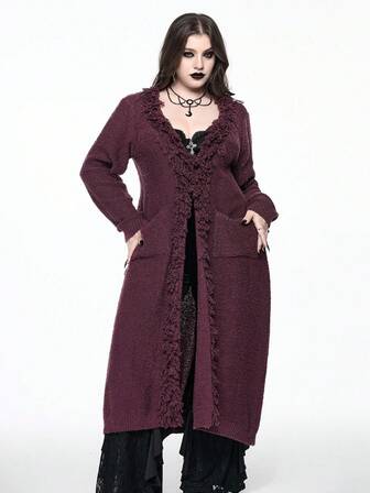 Hippie Große Größen Vintage Whimsigoth Kunstpelzkragen Langarm Gestrickter Langer Cardigan, Herbst/Winter