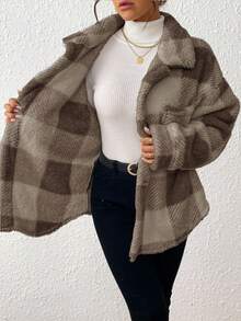 INAWLY 女士秋冬时尚通勤格子常规夹克 - 摩卡棕 - 查看 8