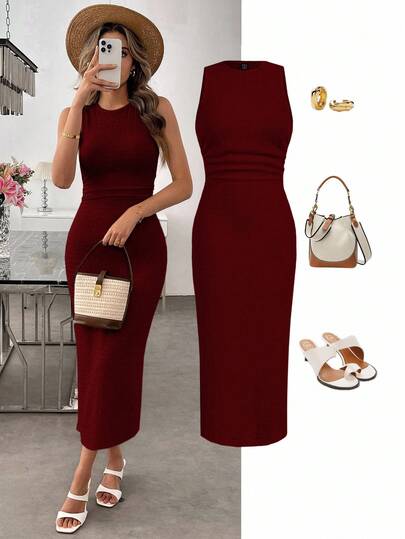 SHEIN LUNE Casual Women's Apricot Knitted Textured Bodycon Dress Solid Color Dress Bodycon Midi Dress Slim Dress Elegant Midi Dress