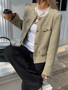 Livesso 女士休闲常规款夹克，复古硬币图案，秋季女式外套 - 卡其色 - 查看 5