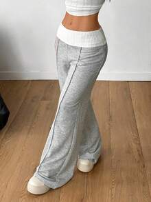 Coolane Women's Winter Streetwear Going Out Casual Back To School Vintage Daily Wear Y2K Rib Knit White Turn-Down Trousers French Grey Flare Pants