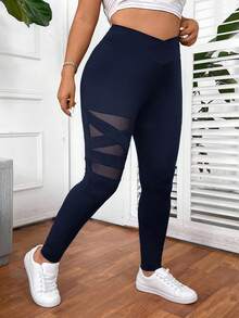 SHEIN PETITE CURVE 大码女式纯色基础日常打底裤 - 藏蓝色 - 查看 3