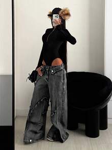 StreetHx Women's Low Waist Frayed Design Wide Leg Loose Casual Jeans - Grey - View 7