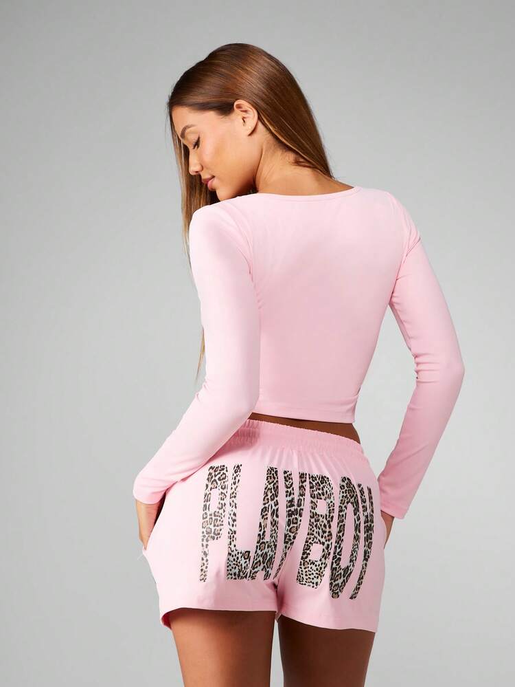 Missguided x Playboy Long Sleeve Crop Top With Leopard Print And Matching Shorts