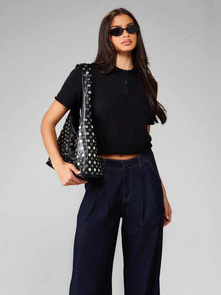 MISSGUIDED Polo court en maille côtelée avec bouton sur le devant