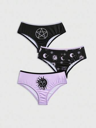 Goth Set de 3 bragas triangulares con ribete de contraste con diseño de luna y estrella oscura gótica