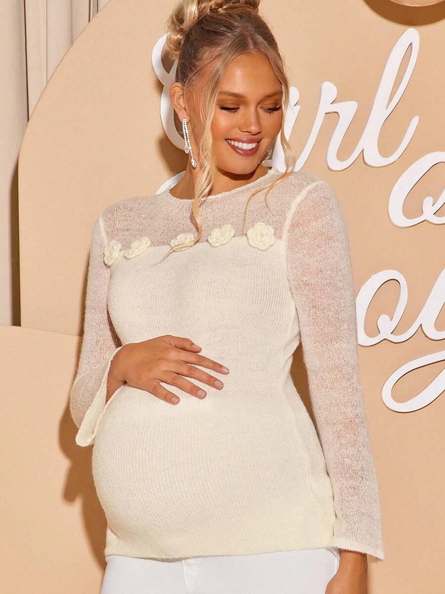 Loomaby Elegant Solid Color Floral Decor Flare Sleeve Maternity Sweater,Gender Reveal Dress,Maternity Dress, Baby Shower Dress - Apricot - View 1