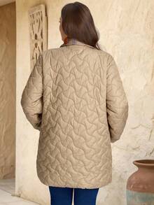 EMERY ROSE Plus Size Women Winter  Casual Solid Color Zip-Up  Plaid Patchwork Khaki Padded  WarmCoat, Stand Collar With Pockets, Autumn/Winter,Going Out Outfits,2025 New Clothes,Simple And Fashionable For Everyday Wear - Khaki - View 3