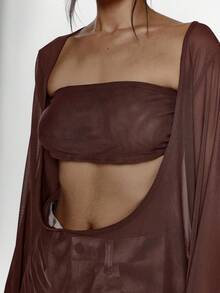 MUSERA Mesh Extreme Scoop Neck Cut Out Asymmetric Long Sleeve Bandeau Top Sexy Going Out Autumn Fall Night Out Winter Cute Streetwear Feraux Spring - Burgundy - View 6