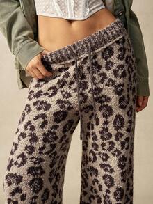 Bohemela 波西米亚风秋冬时尚豹纹抽绳腰阔腿针织裤，西部乡村风格，适合度假、日常穿着、返校季、万圣节、圣诞节等场合。 - 棕色 - 查看 3