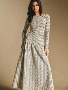 Poéselle 女式条纹船领长袖纽扣设计休闲连衣裙 - 灰色 - 查看 5