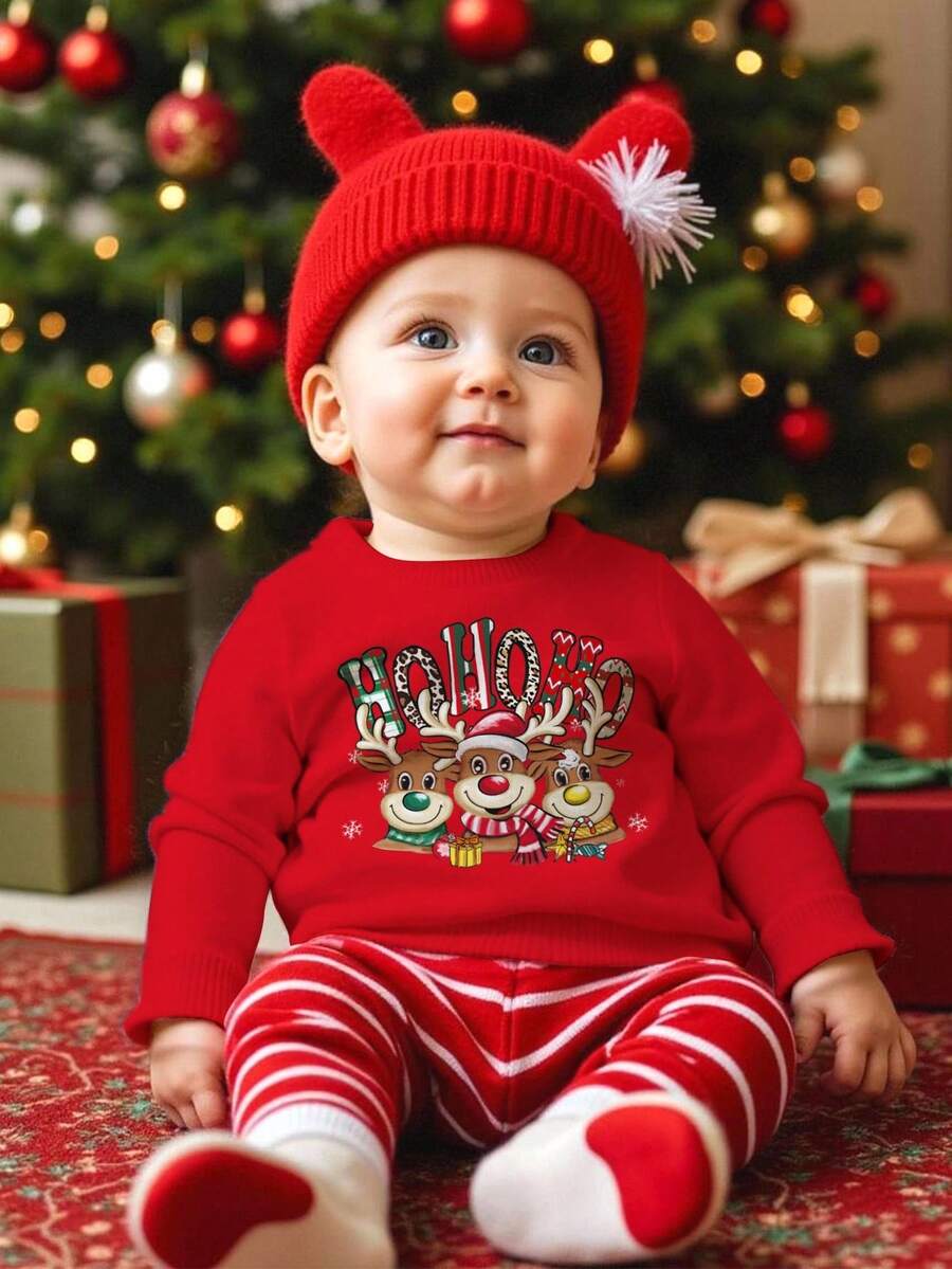 SHEIN Suéter de Tricô Minimalista Clássico de Natal Fofo com Padrão de Três Renas Corajosas Comemorando o Natal, Adequado para Outono/Inverno, Adequado para o Natal - Branco - Visão 1