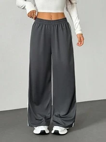 SHEIN PETITE 休闲黑色侧条纹长裤简约时尚日常休闲 - 深灰色 - 查看 4