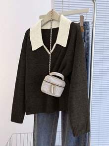 Franclia V-Neck 2 In 1 Long Sleeve Sweater, Autumn/Winter - Coffee Brown - View 6