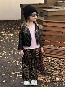 SHEIN Young Girl Solid Color PU Leather Zip Front Long Sleeve Casual Motorcycle Jacket, Suitable For School, Parties And Outings