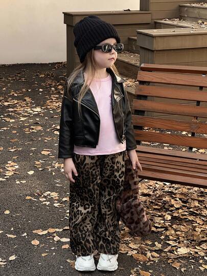 SHEIN Young Girl Solid Color PU Leather Zip Front Long Sleeve Casual Motorcycle Jacket, Suitable For School, Parties And Outings