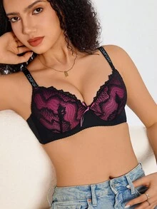 SHEIN 1pc Sexy Lace Patchwork Sheer Minimalist Lift & Support Wireless Bra For Small Bust - Multicolor - View 7
