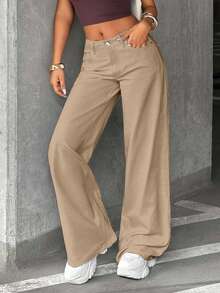 SHEIN Quần jean ống rộng lưng thấp cho nữ mặc hàng ngày - Màu be - Xem 1