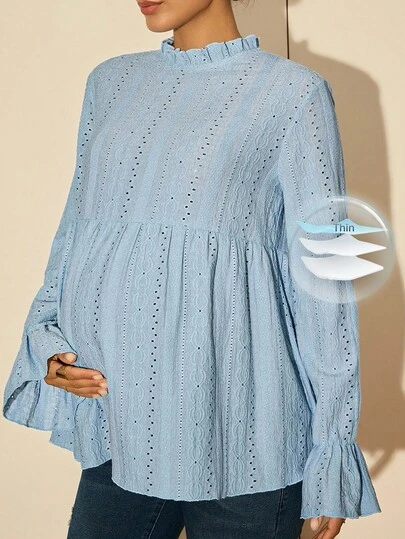 MaterniWear 孕妇工作服、孕妇工作套装、孕妇工作衬衫、办公室、商务休闲女装秋装、秋装、孕妇秋装纯色立领刺绣花卉长袖荷叶边下摆休闲衬衫淡蓝色孕妇上衣孕妇褶裥上衣圆孔孕妇上衣浅蓝色孕妇衬衫长袖孕妇上衣孕妇上衣