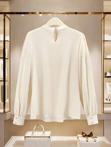 GlowEve Women's Elegant Commuter Beige Collar Faux Bowknot Long Sleeve Shirt - Beige - View 2