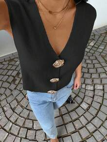 Almamuse 全新夏季法式优雅设计轻盈针织女式背心 - 黑色 - 查看 5