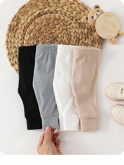 SHEIN 4pcs Newborn Baby Girl Solid Color Knitted Elastic Waist Pants, Versatile For Autumn/Winter